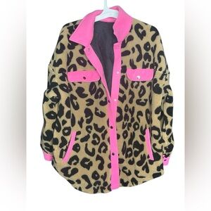Women's Leopard Print sherpa Jacket with Pink Trim